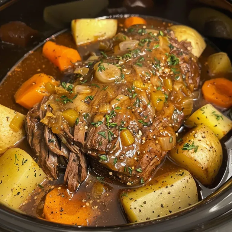 Crock-Pot pot roast with gravy served on a plate, garnished with herbs