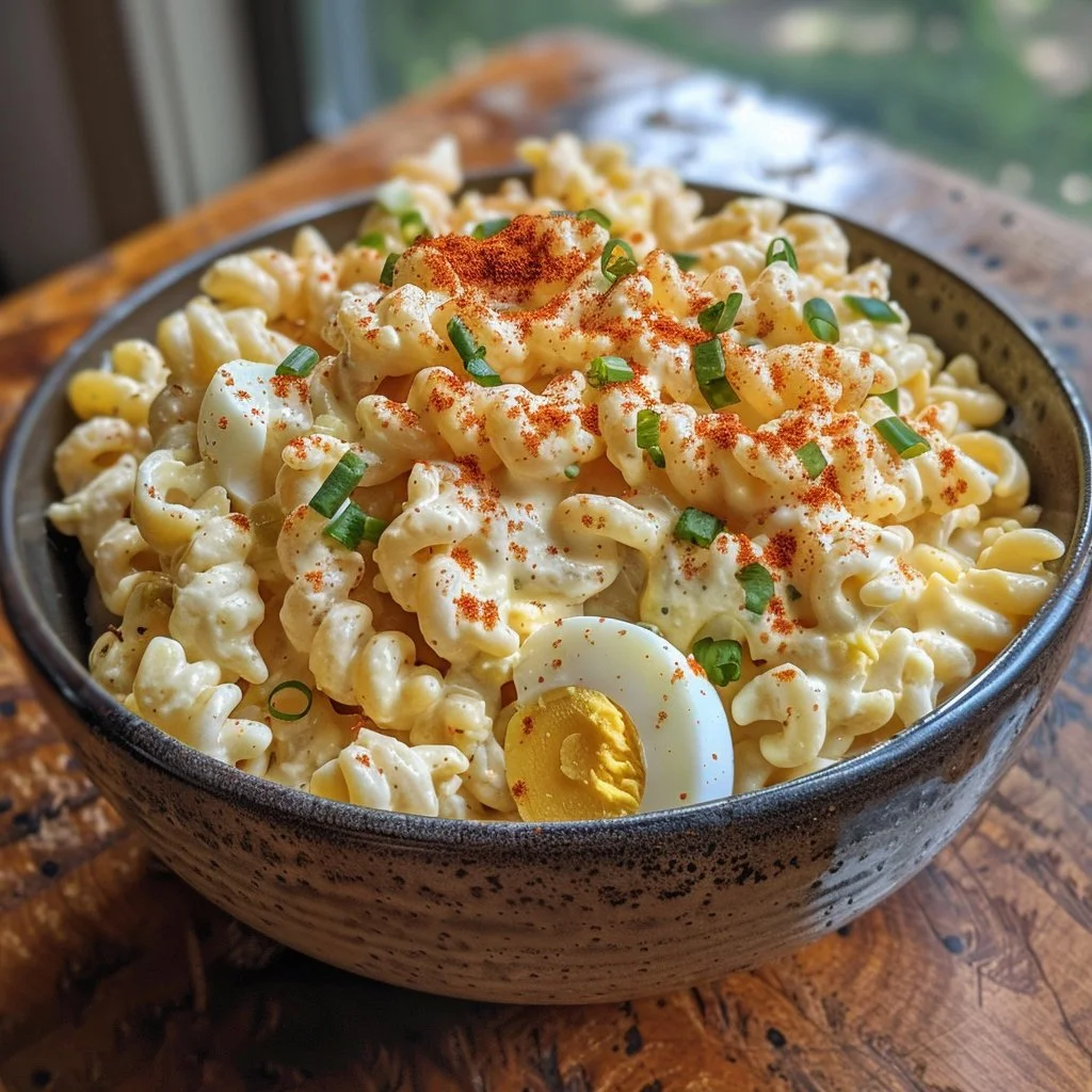 Plate of deviled egg pasta salad topped with herbs