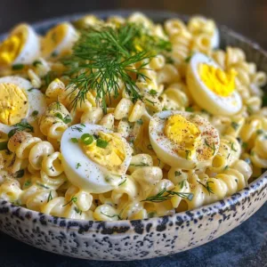 Delicious deviled egg pasta salad in a bowl, garnished and ready to serve.