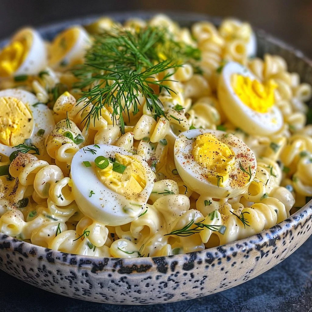 Delicious deviled egg pasta salad in a bowl, garnished and ready to serve.