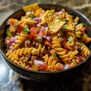 Delicious Dorito Taco Pasta Salad served in a bowl with vibrant toppings.