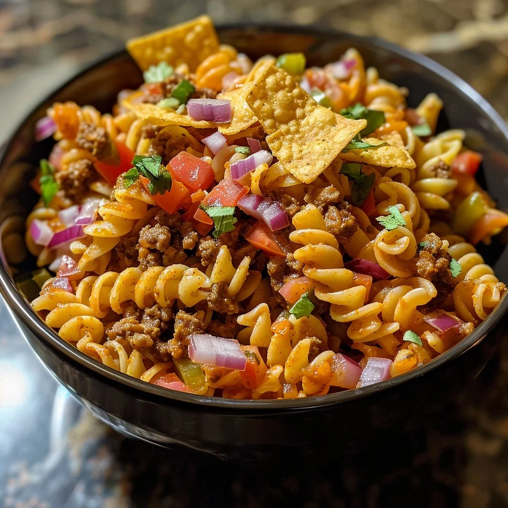 Delicious Dorito Taco Pasta Salad served in a bowl with vibrant toppings.