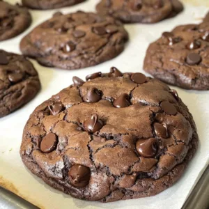 Freshly baked double chocolate chip cookies with melted chocolate chunks