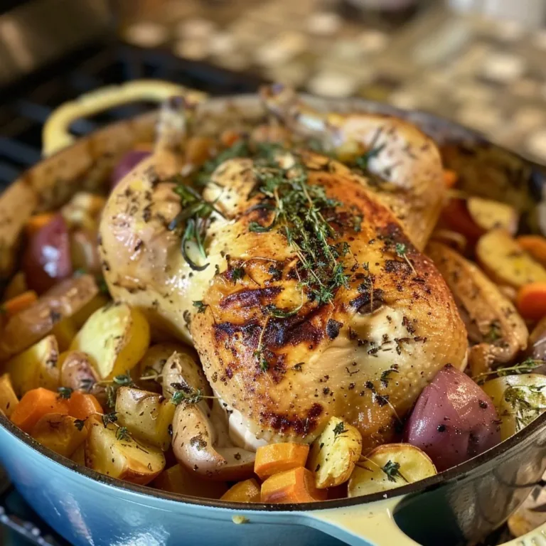 Dutch Oven roast chicken with seasonal vegetables cooked to perfection
