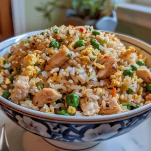 Delicious egg fried rice with chicken, garnished and ready to serve.