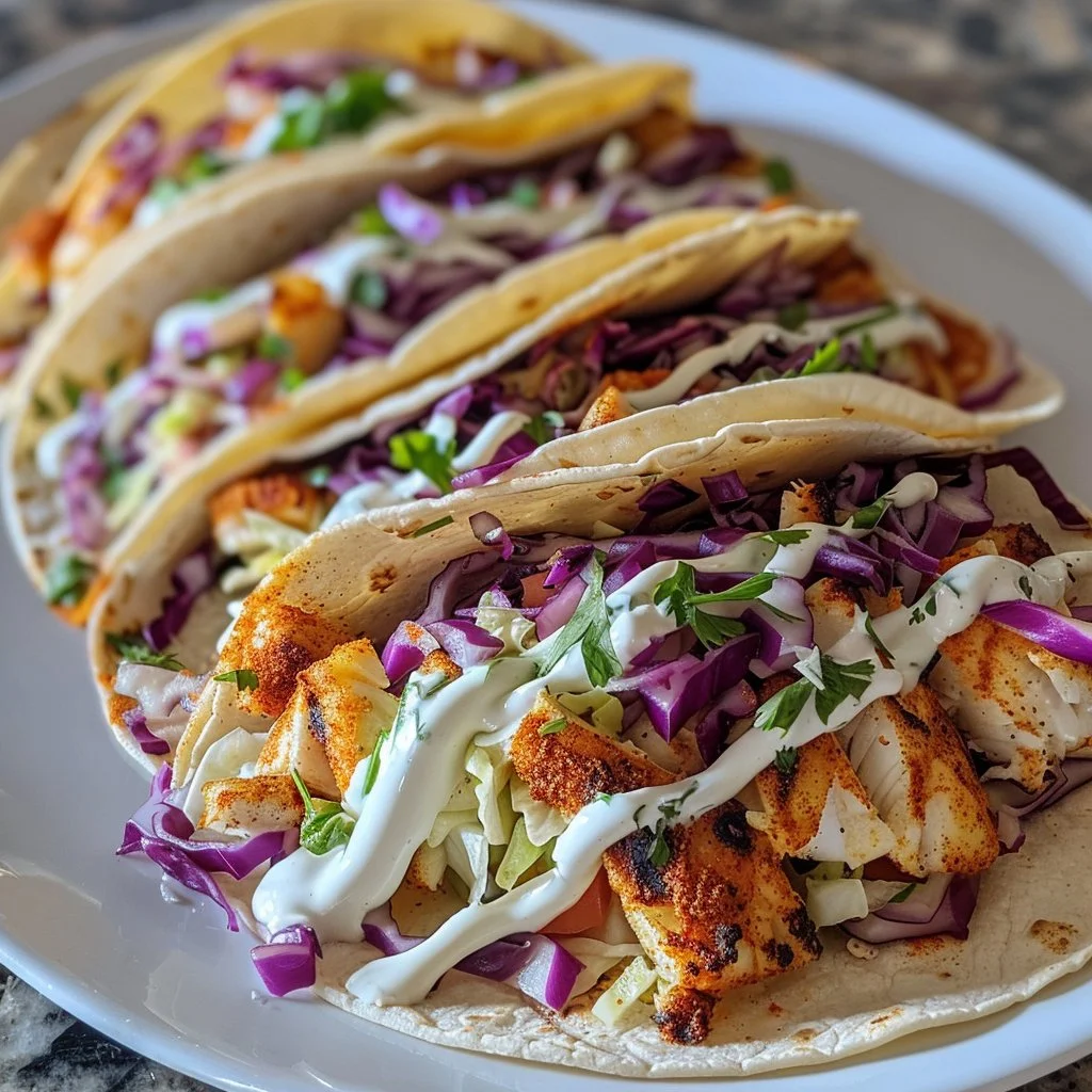Delicious fish tacos topped with fresh cabbage and served on a plate