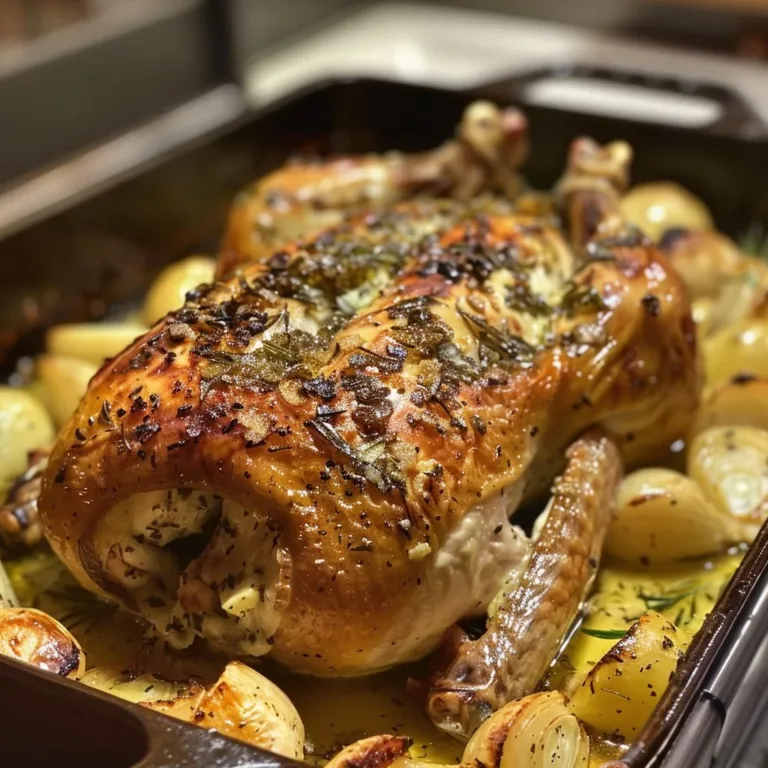 Delicious garlic butter roast chicken ready to serve for dinner.