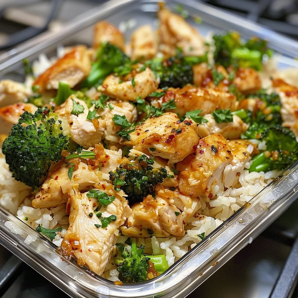 Delicious garlic chicken rice meal prep container ready for busy week lunches.