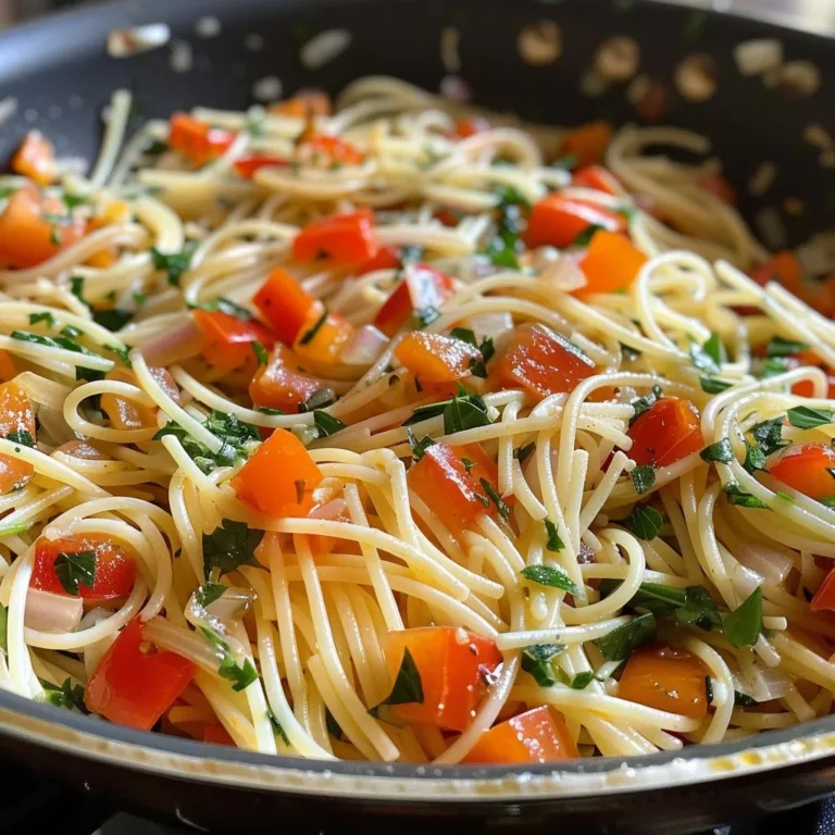 Colorful Garlic Herb Vegetable Pasta with fresh vegetables and herbs on a plate