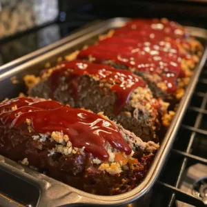 Delicious glazed meatloaf served with mashed potatoes and green beans.