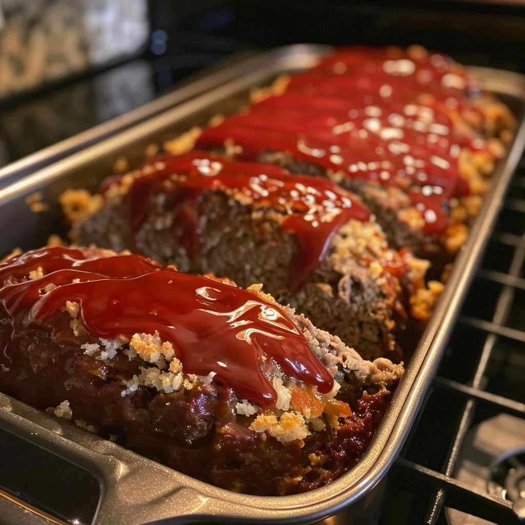 Delicious glazed meatloaf served with mashed potatoes and green beans.