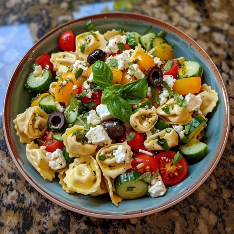 Colorful Greek Tortellini Salad with vegetables and feta cheese in a bowl