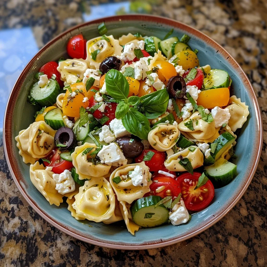 Colorful Greek Tortellini Salad with vegetables and feta cheese in a bowl