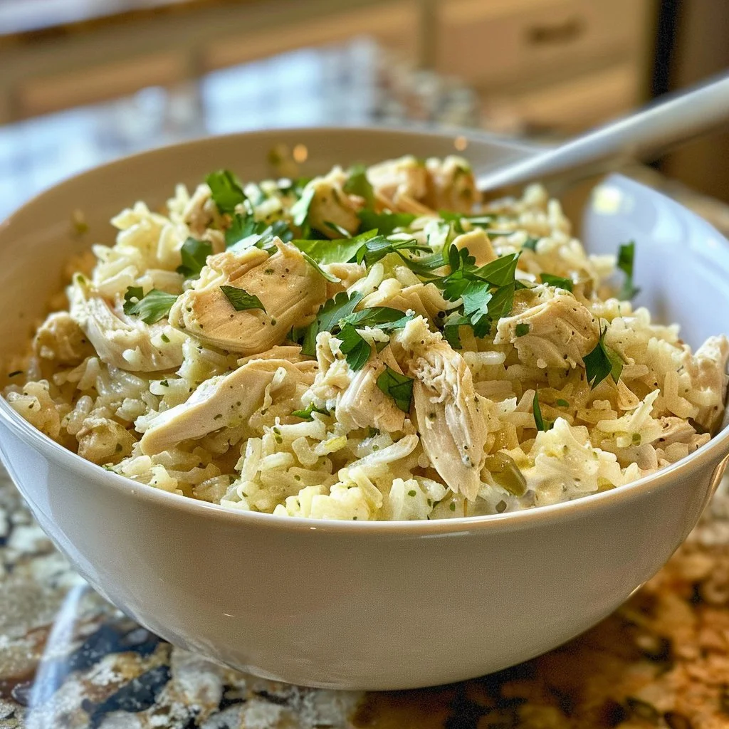 Delicious Green Chile Chicken Rice in a creamy bowl topped with herbs.