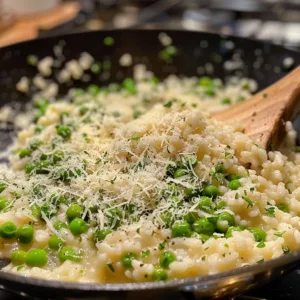 Creamy Green Pea Risotto served in a bowl garnished with herbs