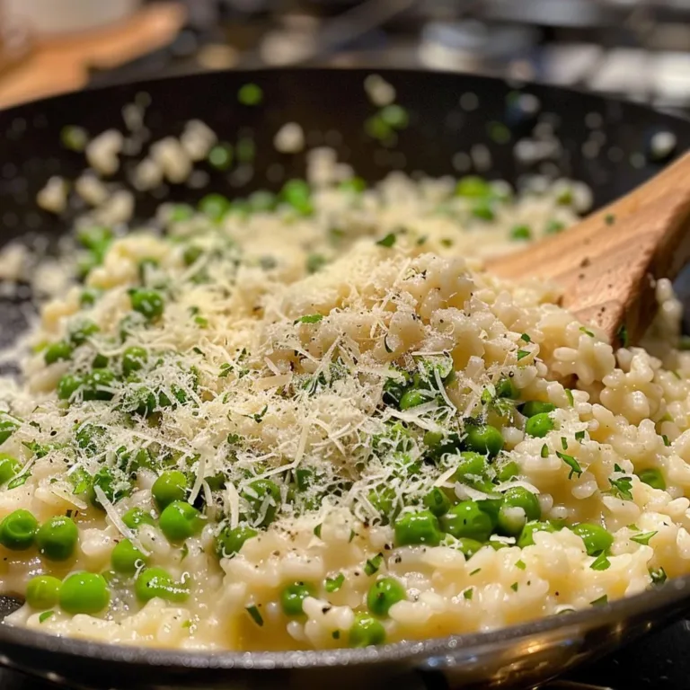 Creamy Green Pea Risotto served in a bowl garnished with herbs