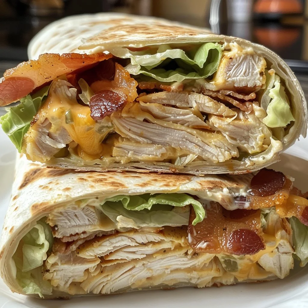 Grilled chicken bacon ranch wrap with colorful fresh ingredients