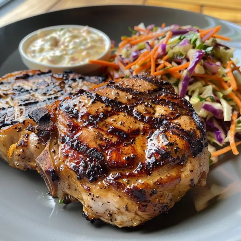 Grilled pork chops served with fresh slaw on a plate
