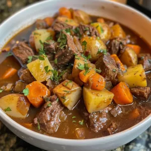 A hearty bowl of Guinness beef stew with vegetables and tender beef.