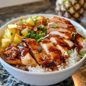 Hawaiian BBQ Chicken Bowl topped with fresh pineapple and cilantro