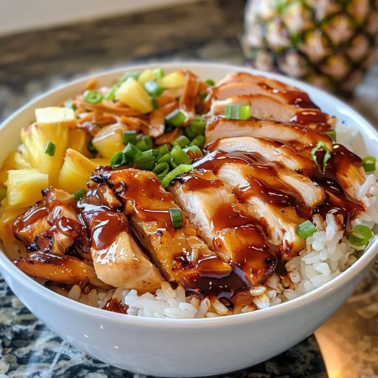 Hawaiian BBQ Chicken Bowl topped with fresh pineapple and cilantro