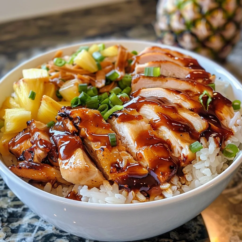 Hawaiian BBQ Chicken Bowl topped with fresh pineapple and cilantro