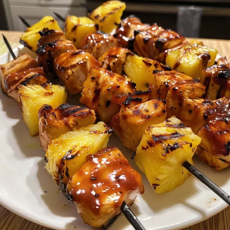 Hawaiian BBQ Chicken kabobs on a grill, featuring colorful vegetables and marinade