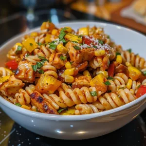 Delicious Hawaiian-Style Barbecue Pasta Salad with vibrant colors and fresh ingredients.