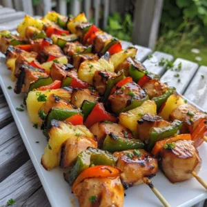 Hawaiian Teriyaki Chicken Kabobs on a grill ready to serve.