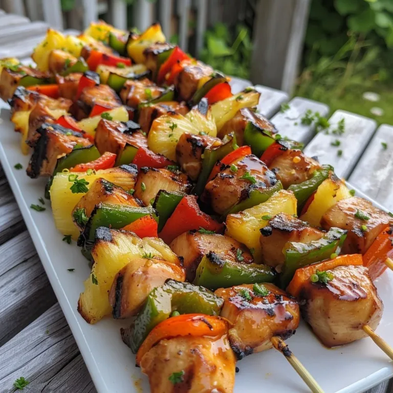 Hawaiian Teriyaki Chicken Kabobs on a grill ready to serve.