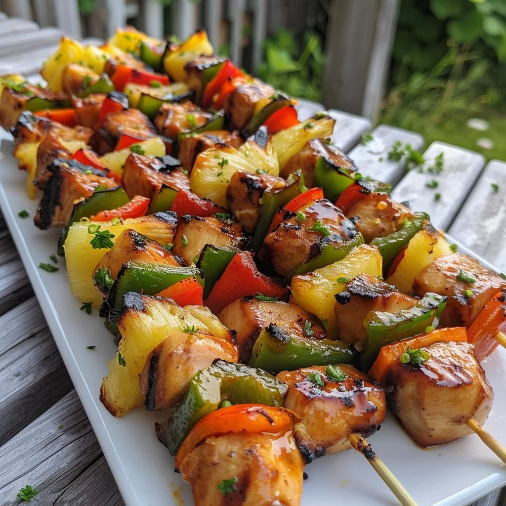Hawaiian Teriyaki Chicken Kabobs on a grill ready to serve.