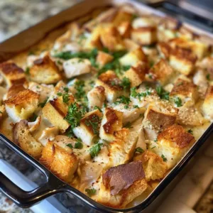 Delicious herb chicken and crouton casserole served in a baking dish