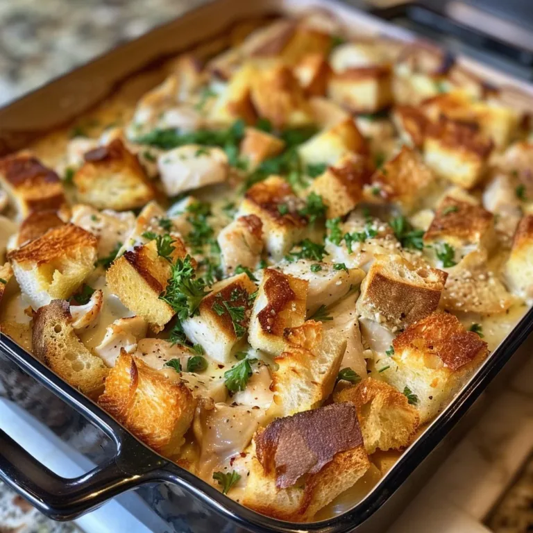 Delicious herb chicken and crouton casserole served in a baking dish