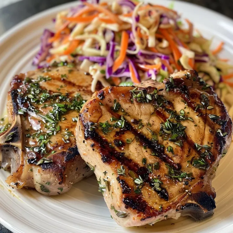 Herb-seasoned pork chops served with fresh slaw on a plate