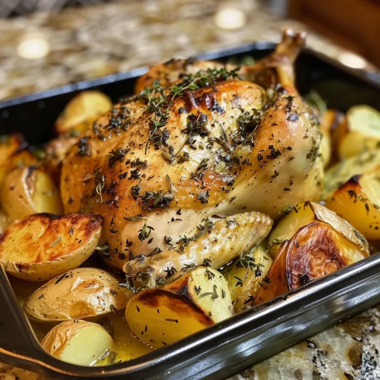 Herb-seasoned roasted chicken served with golden potatoes on a white platter.