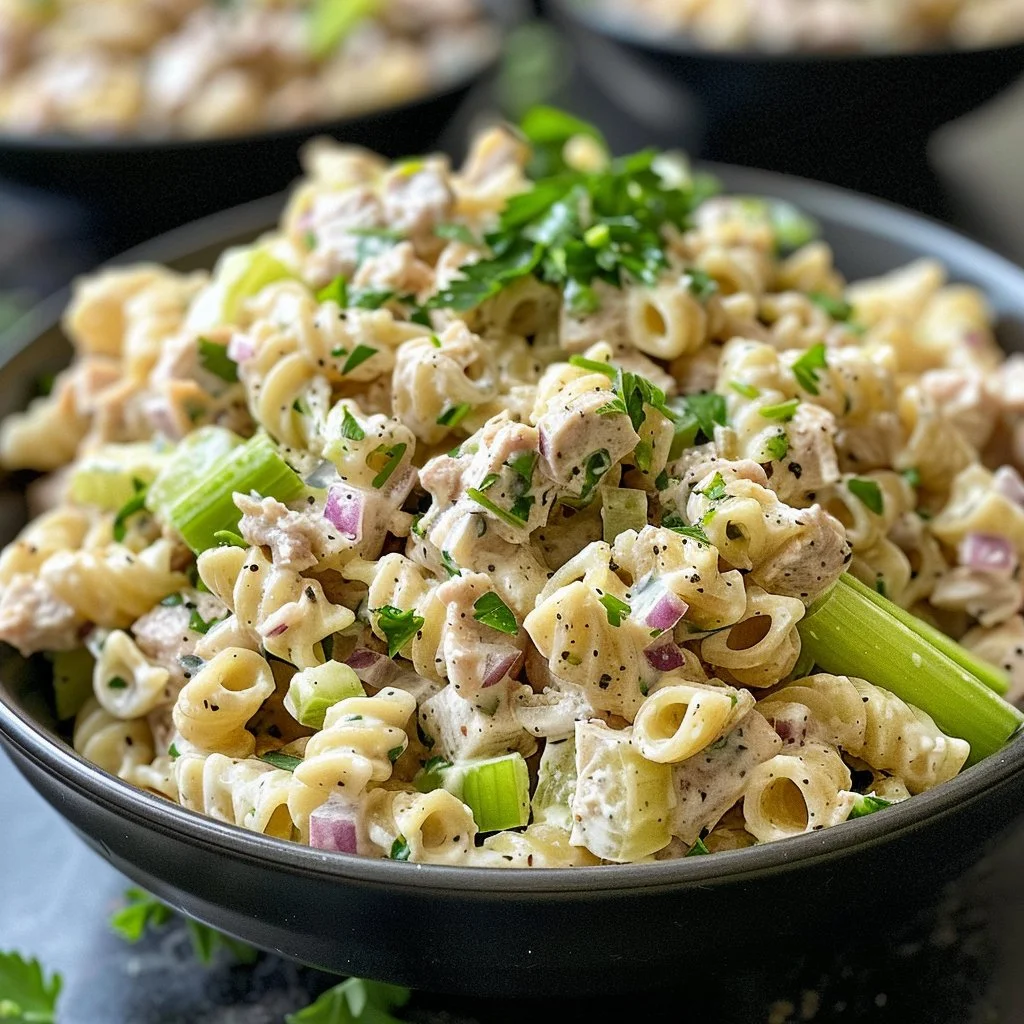 High-protein tuna pasta salad with vegetables and dressing in a bowl