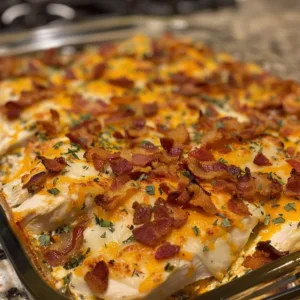 Hot Chicken Bacon Ranch Bake topped with cheese, crispy bacon, and herbs.