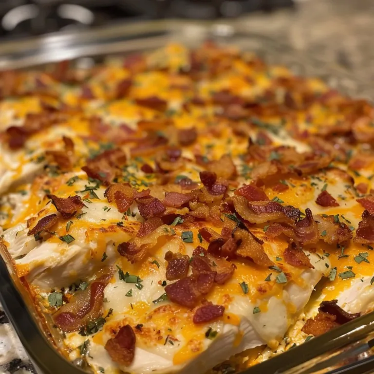 Hot Chicken Bacon Ranch Bake topped with cheese, crispy bacon, and herbs.