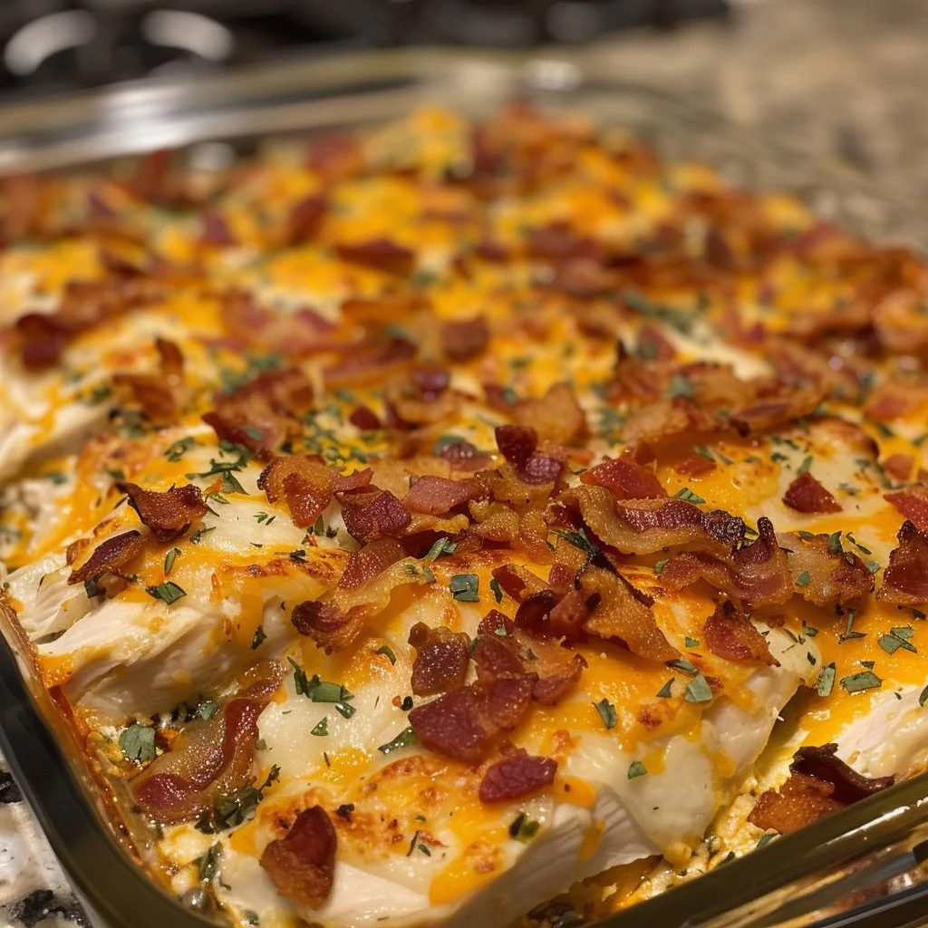 Hot Chicken Bacon Ranch Bake topped with cheese, crispy bacon, and herbs.