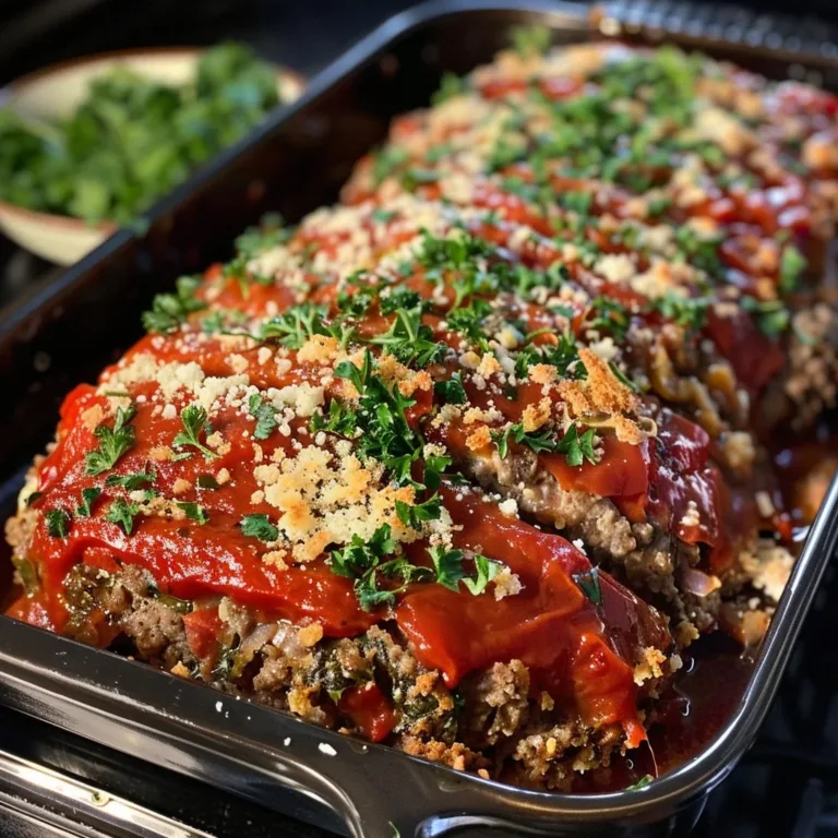 Homemade Italian Style Meatloaf served with fresh herbs and tomato sauce