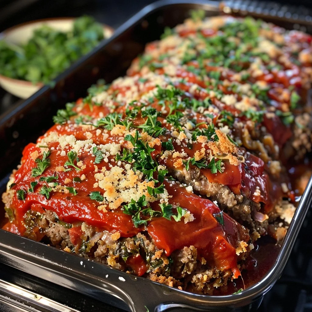 Homemade Italian Style Meatloaf served with fresh herbs and tomato sauce