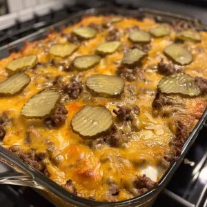 Keto Cheeseburger Casserole served in a baking dish