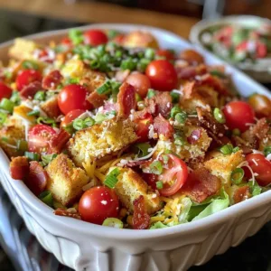 Layered Cornbread Salad with colorful vegetables and cornbread layers