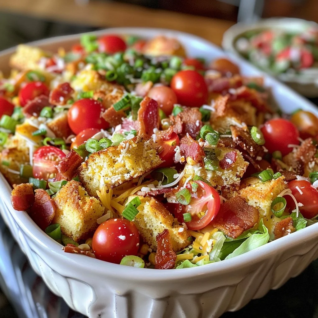 Layered Cornbread Salad with colorful vegetables and cornbread layers