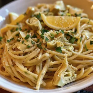 Plate of Lemon Artichoke Pasta topped with herbs and lemon zest
