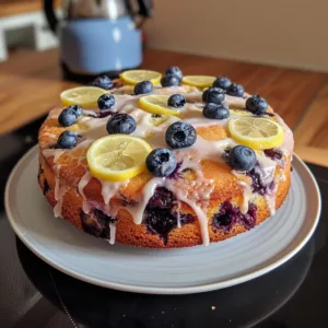 Lemon Blueberry Drizzle Cake with fresh blueberries and a citrus glaze