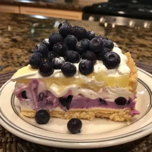 Delicious layered no-bake Lemon Blueberry Lush dessert with cream and berries.