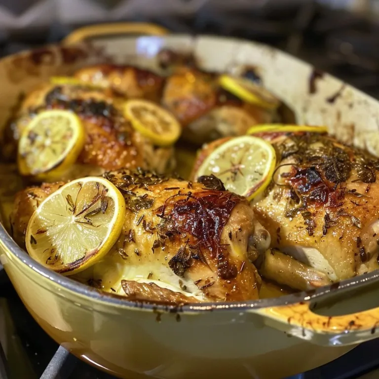 Lemon Garlic Chicken simmering in a Dutch oven with fresh herbs
