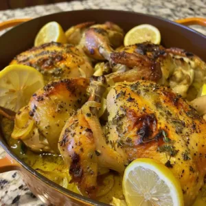 Lemon Garlic Dutch Oven Chicken Recipe with herbs and spices in a cast iron pot