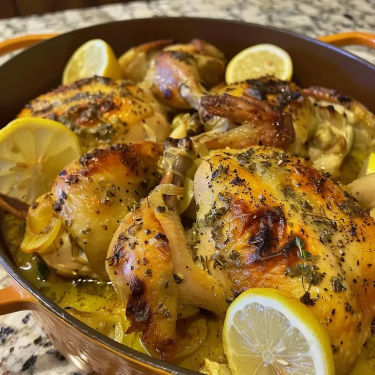 Lemon Garlic Dutch Oven Chicken Recipe with herbs and spices in a cast iron pot